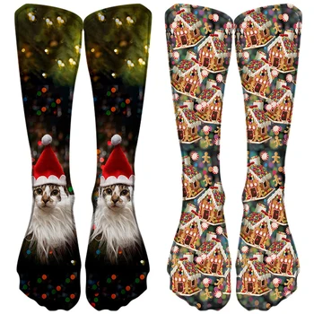 Нови 3D цифрови печатни коледни чорапи Жени Оригинален коледен подарък Елк котка кърпа памук тръба чорапи с лапи на крака 40 см