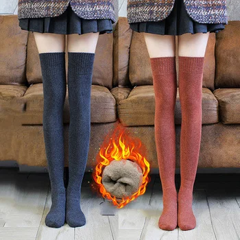 Ново през есента зима удебелен Тери дълга тръба коляното чорапи за жени база harajuku висока тръба Плюшени телета топли чорапи момичета феменина