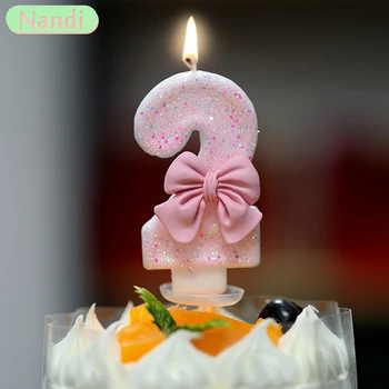 Пайети номер 0-9 Свещ Girly розов лък рожден ден свещ рожден ден торта декорация годишнина парти атмосфера свещ