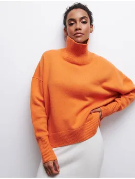 Плетене на една кука кашмир плетени макет врата пуловер за жени твърди хлабав пуловер трикотаж 2024 зимна мода женски случайни джъмпери