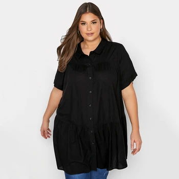 Плюс размер лято елегантен парагади престилка риза жени къс ръкав черен случайни диференцирани блуза голям размер хлабав черна риза 6XL 7XL