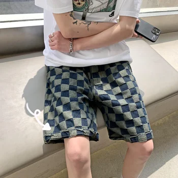 Ретро карирани дънкови шорти мъжки тренд Harajuku хлабав половин панталон 2023 лято Хонг Конг стил реколта случайни къси панталони