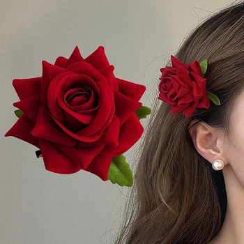 Ретро червена розова роза цвете елегантен модерен фиба страна клип аксесоари за коса