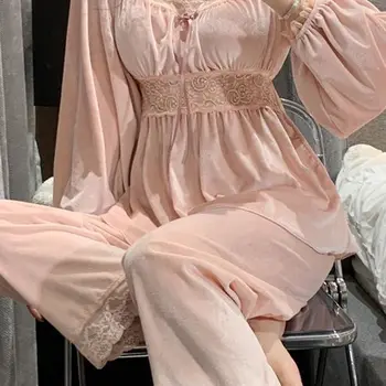 С възглавница за гърди Канарска пижама Женска есен Зима Секси дантела Пачуърк Palace Princess Style Home Dress Set може да се носи навън 5