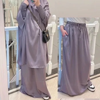 Сатен Abaya и Khimar комплект за жени Jilbab 2 парче ислямски качулка Abayas Рамадан Eid мюсюлмански молитвена дреха Дубай Турция бурка