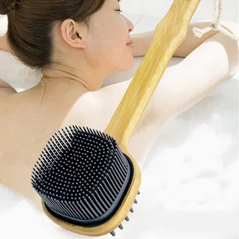 Силиконова четка Дълга глава назад скрубер душ четка с дълга дървена дръжка суха кожа ексфолиращ инструмент за почистване на масаж на тялото