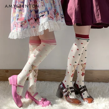 Сладък сладък полка точка карикатура тънък отпечатани бедрото високи чорапи Лолита Kawaii жакард мек памук коляното високи чорапи секси чорапи