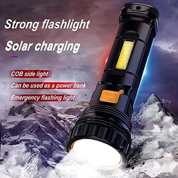  слънчева / акумулаторна многофункционална LED фенерче, водоустойчив, с аварийна светкавица, USB кабел за зареждане, бързо зареждане издръжлив