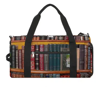 Фитнес чанта Библиотека за книги Спортна чанта с обувки Bookshelf печат Двойка уикенд персонализирана чанта ретро багаж фитнес чанта