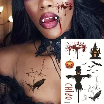 Хелоуин кървава рана временни татуировка стикери трик страшно водоустойчив временно Tatoo паяк прилеп 3D фалшив тотем парти 0