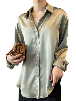 Хонг Конг стил сатенена риза женски корейски версия на хлабав френски плътен цвят модни блузи дамски върхове