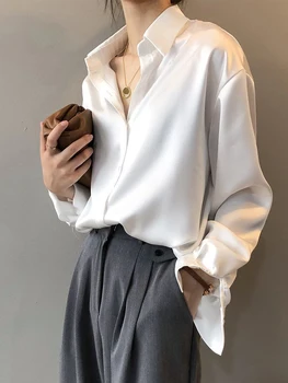 Хонг Конг стил сатенена риза женски корейски версия на хлабав френски плътен цвят модни блузи дамски върхове 1
