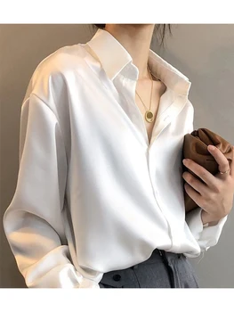 Хонг Конг стил сатенена риза женски корейски версия на хлабав френски плътен цвят модни блузи дамски върхове 3