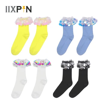 Цветни пайети Ръчно изработени сладки чорапи Модни памучни чорапи Дамски момичета Harajuku Sweet Lolita Lace Ruffle Princess Socks