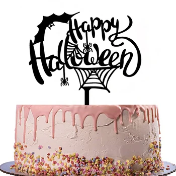 Честит Хелоуин торта топер акрил черно огледало блясък злато паяк ужас Хелоуин парти печене десерт декорации дете полза