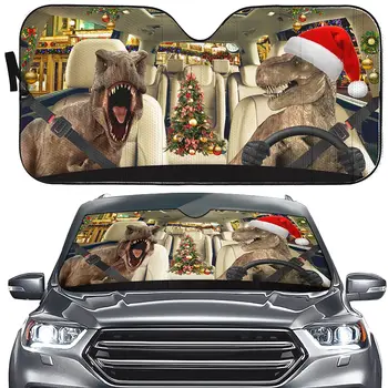 Честита Коледа динозавър шофьор предното стъкло сенник декор авто / камион, коледно дърво кола предния прозорец тиранозавър слънце сянка Vi