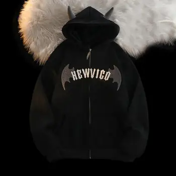Яке сива врана удебелена плюшена мъжка качулка с рог декор цип затваряне еластичен маншет дълъг ръкав жилетка с за зимата 3